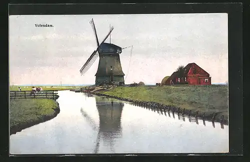 Künstler-AK Photochromie Nr. 2956: Volendam, Flusspartie mit Windmühle