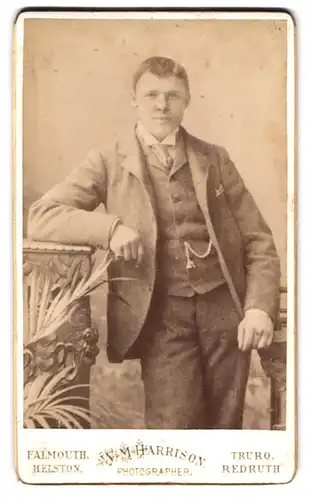 Fotografie W. M. Harrison, Falmouth, Portrait junger Herr im Anzug mit Krawatte