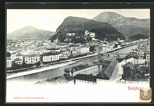 AK Salzburg, Ortspartie mit Fluss und Zentrum