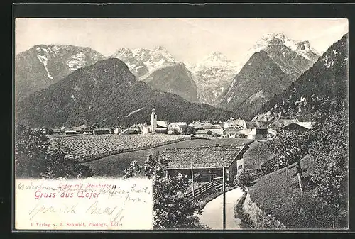 AK Lofer, Ortsansicht mit Steinbergen