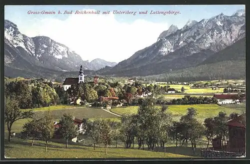 AK Gross-Gmain b. Bad Reichenhall, Ortsansicht mit Untersberg und Lattengebirge
