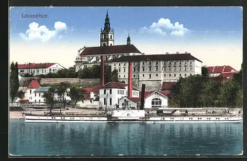 AK Leitmeritz / Litomerice, Teilansicht mit Dom St. Stephan, Elbdampfer Königin Carola