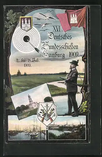 Künstler-AK Hamburg, XVI. Deutsches Bundesschiessen 1909, Schütze und Zielscheibe, Denkmal, Segelschiffe