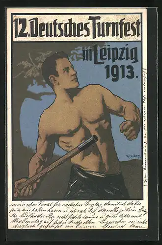 Künstler-AK Leipzig, 12, Deutsches Turnfest 1913, Sportler mit Stab in der Hand