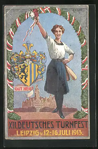 Künstler-AK Leipzig, XII. Deutsches Turnfest 1913, Turnerin mit Keulen, Wappen