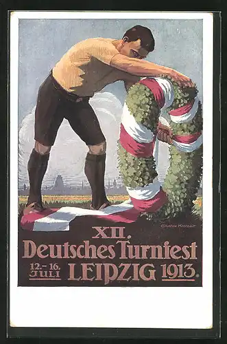 Künstler-AK Leipzig, 12. Deutsches Turnfest 1913, Sportler bindet Band um Kranz