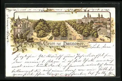 Lithographie Hannover, Herrenhäuser Allee und Welfenschloss