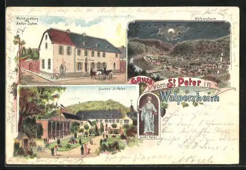 Lithographie Walporzheim, Garten vom Gasthof St. Peter, Weinhandlung von Anton Dahm