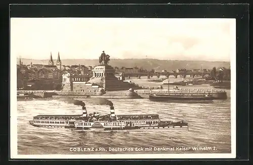 AK Coblenz a. Rh., Deutsches Eck mit Denkmal Kaiser Wilhelm I.