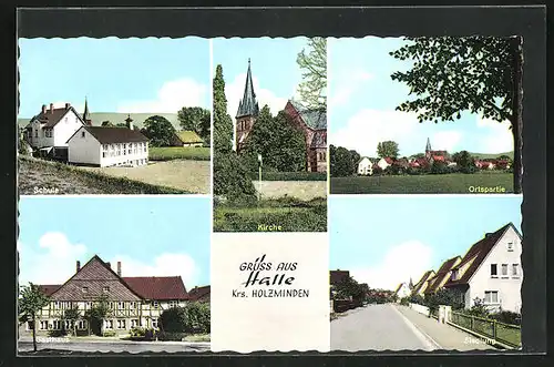 AK Halle /Krs. Holzminden, Gasthaus, Schule, Siedlung