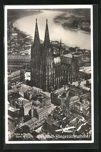 AK Köln, Fliegeraufnahme des Doms mit Rhein