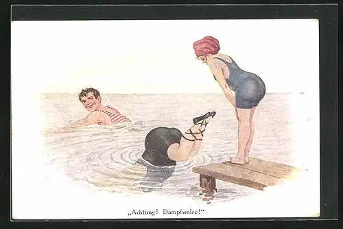 AK Achtung! Dampfwalze!, Dicke Frau im Badeanzug springt ins Wasser