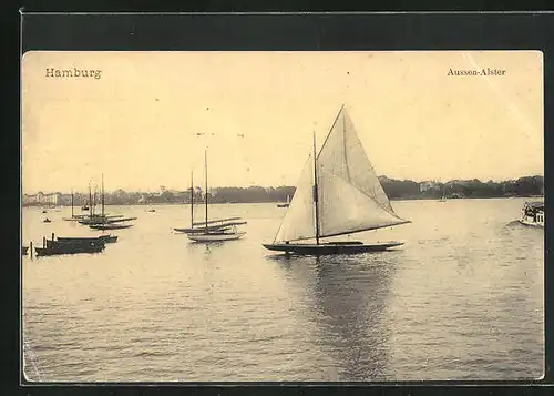 AK Hamburg, Aussen-Alster mit Segelboot, Segelsport