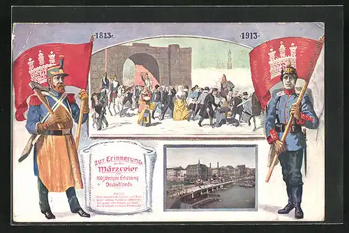 AK Hamburg, Märzfeier 1913, Hamburger Sapeur und Soldat vom 76. Regt., Befreiungskriege