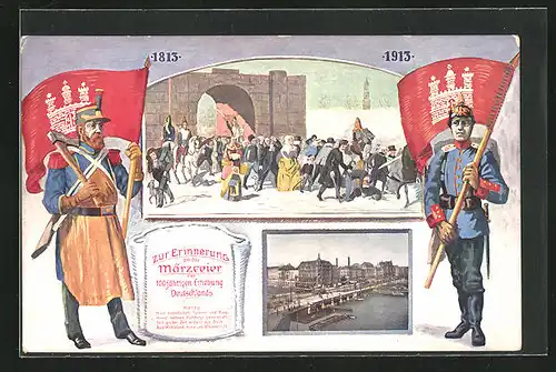 AK Hamburg, Märzfeier 1913, Hamburger Sapeur und Soldat vom 76. Regt., Befreiungskriege