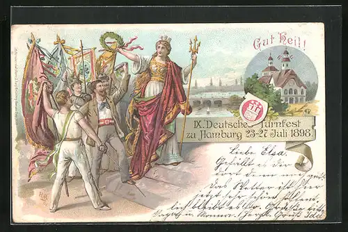 Lithographie Hamburg, IX. Deutsches Turnfest 1898, Hammonia mit Turnern