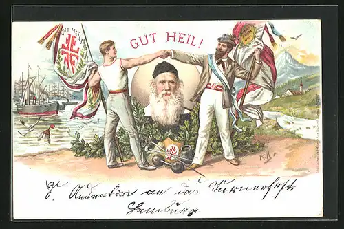 Lithographie Turner mit Fahnen reichen sich die Hände, Turnvater Jahn