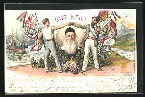 Lithographie Turner mit Fahnen reichen sich die Hände, Turnvater Jahn