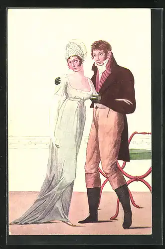Künstler-AK Hamburg, Volksfest Märzfeier 1913, Paar in Hamburger Tracht des 19. Jahrhunderts, Modebild von 1802