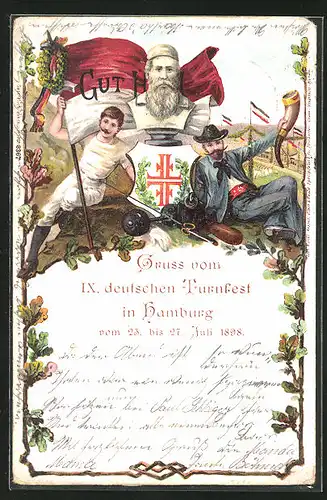 Lithographie Hamburg, IX. deutsche Turnfest 1898, Büste Turnvater Jahn