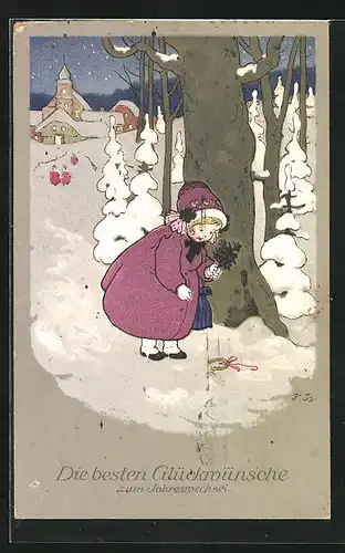 Künstler-AK Fritz Baumgarten: Neujahrsgruss, Mädchen findet das Glück im Schnee
