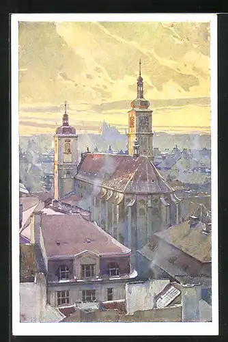 Künstler-AK Jaroslav Setelik: Praha /Prag, Sv. Jakub, Kirche im Abendlicht