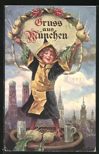 Künstler-AK Ernst Schlemo: Münchner Kindl mit Radi und Bier