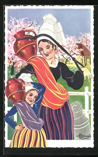 Künstler-AK Charles Homualk: En Parcourant la Normandie..., Porteuses de Lait du Pays d`Auge