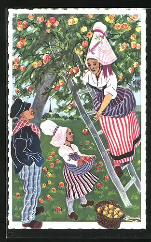 Künstler-AK Charles Homualk: En Parcourant la Normandie..., Cueillette de Pommes