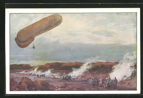 Künstler-AK Hans Rudolf Schulze: Fesselballon mit Artillerie