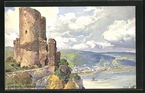 Künstler-AK Hans Rudolf Schulze: St. Goarshausen, Burgkatz gegen Ortschaft
