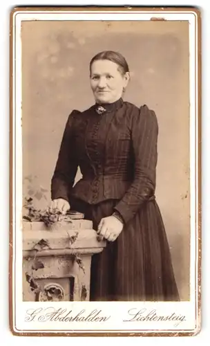 Fotografie G. Abdenhalden, Lichtensteig, Portrait charmant lächelnde Frau im gestreiften Kleid