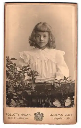 Fotografie Pöllot's Nachf., Darmstadt, Hügelstr. 59, Portrait niedliches Mädchen mit lockigem Haar im weissen Kleidchen