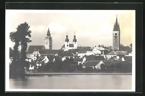 AK Telc, Panorama vom Wasser aus gesehen