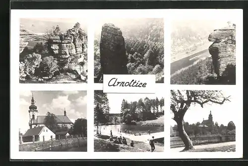 AK Arnoltice, Blick zur Kirche, Felsenformation, Badesee