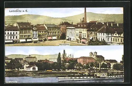 AK Leitmeritz / Litomerice, Marktplatz, Dampfer auf der Elbe