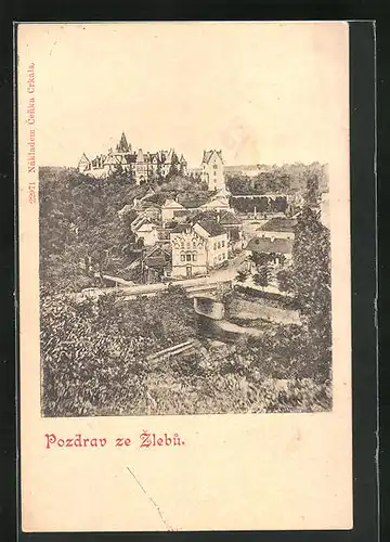 AK Zleby, Ortsansicht aus der Vogelschau