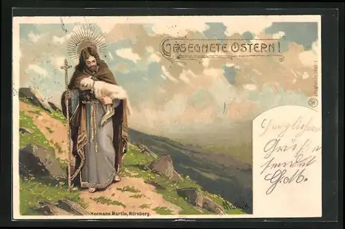 Künstler-AK Alfred Mailick: Jesus mit Lämmchen auf einem Berggipfel, Gesegnete Ostern
