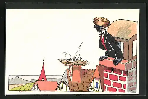 Künstler-AK Hansi unsign.: Mann mit Vogelnest auf den Kopf blickt vom Schornstein auf ein Storchennest