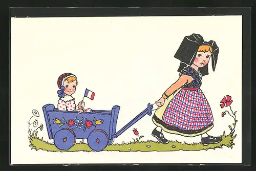 Künstler-AK Hansi unsign.: zwei Mädchen in Trachtenkleidern mit Holzwagen