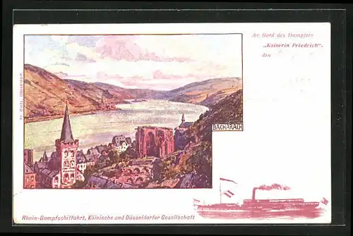 Künstler-AK Bacharach, Gesamtansicht, Dampfer Kaiserin Friedrich