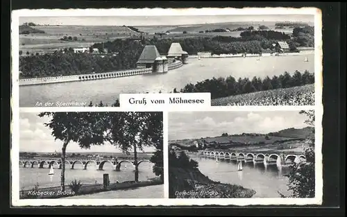 AK Möhnesee, Sperrmauer, Körbecker und Delecker Brücke