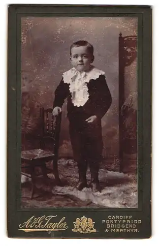 Fotografie A. & G. Taylor, Cardiff, Portrait frecher Bube mit süssem Latz am Anzug