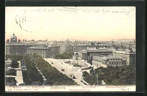 AK Wien, Franzensring mit Justizpalast und Parlamentsgebäude, Monumentalbrunnen