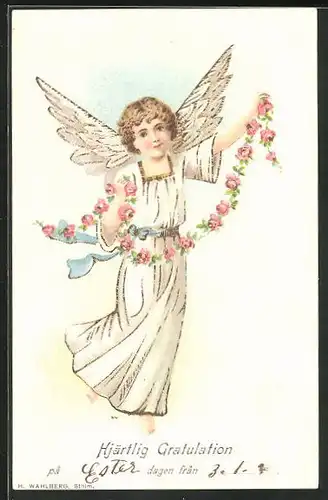 Präge-Lithographie Engel in weissem Kleid mit einer Kette aus Blumen, Hjärtlig Gratulation