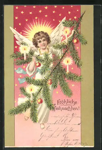 Präge-Lithographie Weihnachtsengel, der festlich geschmückte Baum