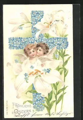 Präge-Lithographie Osterengel, ein Kreuz aus blauen Blüten, Osterglocken