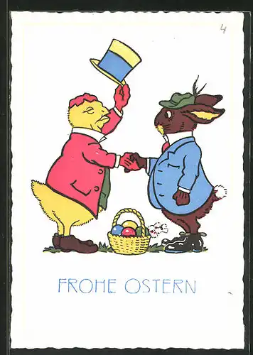 Künstler-AK Osterhase, Begrüssung eines Küken