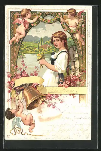 Lithographie Engel, junge Dame im Trachtenkleid, Blumen in der Hand, goldene Glocke