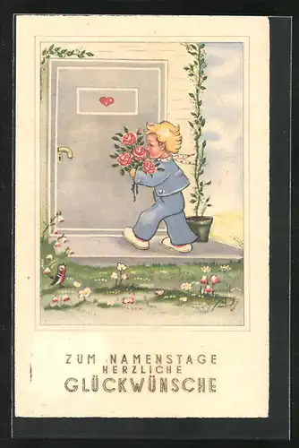 Künstler-AK Namenstag, Junge überbringt Rosen an der Tür